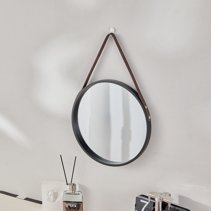 Modern Minimalist Round Faux Leather Medium Density Fiberboard Glass Wall Mirror Hanging Mirror For Bedroom