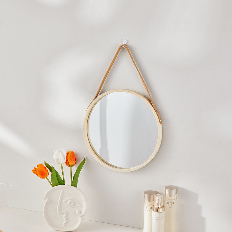Modern Minimalist Round Faux Leather Medium Density Fiberboard Glass Wall Mirror Hanging Mirror For Bedroom