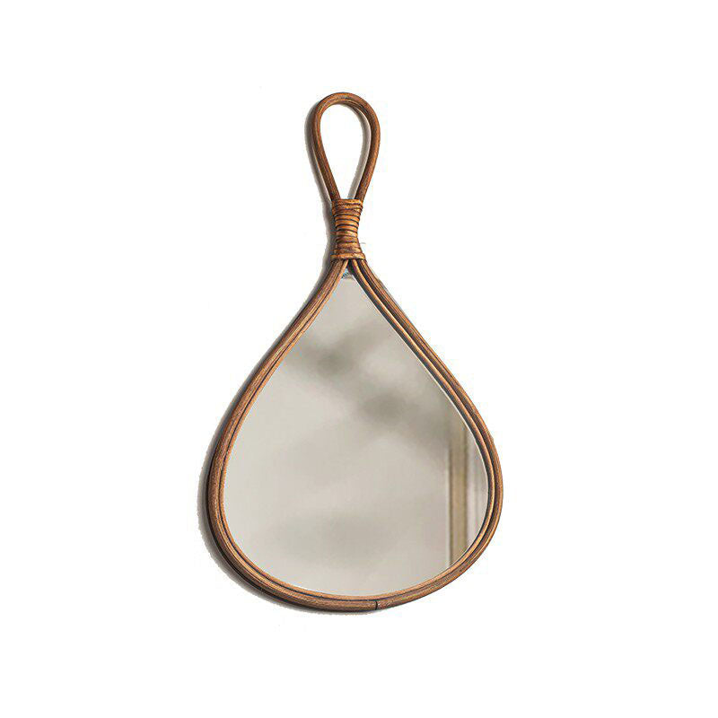 Traditional Chinese Round Teardrop-Shaped Natural Rattan Medium Density Fiberboard Glass Wall Mirror Hanging Mirror For Bedroom