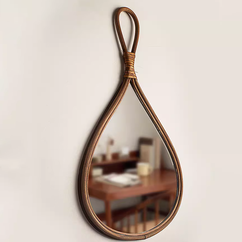 Traditional Chinese Round Teardrop-Shaped Natural Rattan Medium Density Fiberboard Glass Wall Mirror Hanging Mirror For Bedroom