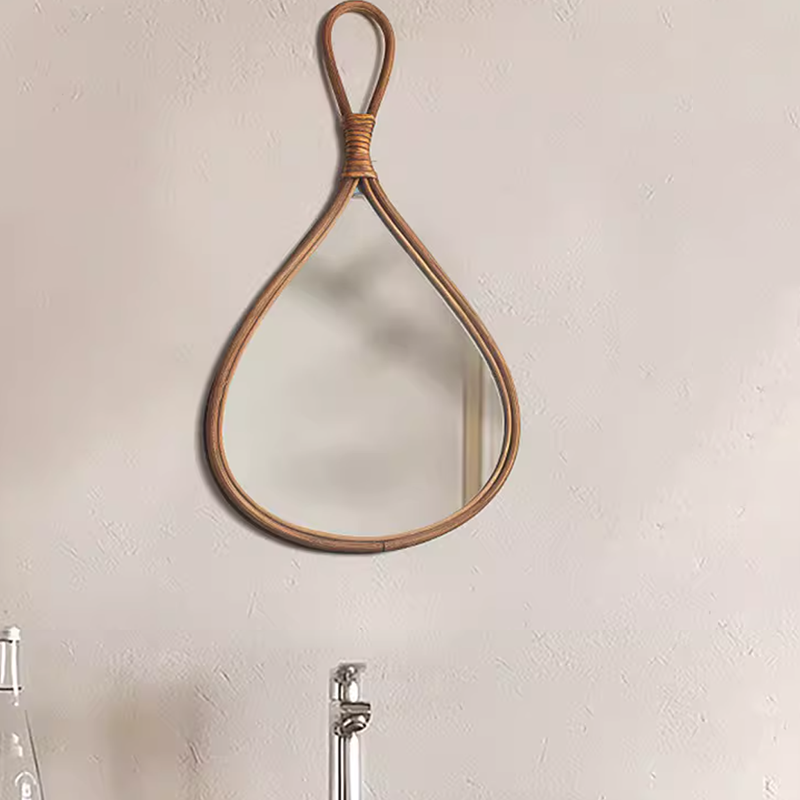 Traditional Chinese Round Teardrop-Shaped Natural Rattan Medium Density Fiberboard Glass Wall Mirror Hanging Mirror For Bedroom