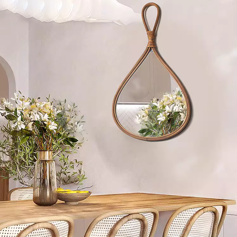 Traditional Chinese Round Teardrop-Shaped Natural Rattan Medium Density Fiberboard Glass Wall Mirror Hanging Mirror For Bedroom