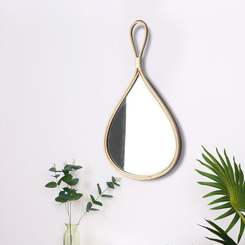 Traditional Chinese Round Teardrop-Shaped Natural Rattan Medium Density Fiberboard Glass Wall Mirror Hanging Mirror For Bedroom