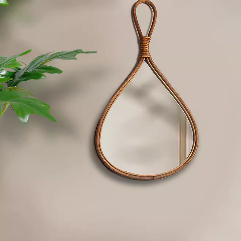 Traditional Chinese Round Teardrop-Shaped Natural Rattan Medium Density Fiberboard Glass Wall Mirror Hanging Mirror For Bedroom