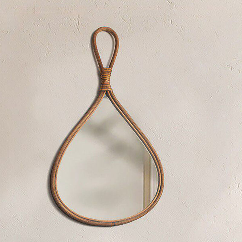 Traditional Chinese Round Teardrop-Shaped Natural Rattan Medium Density Fiberboard Glass Wall Mirror Hanging Mirror For Bedroom