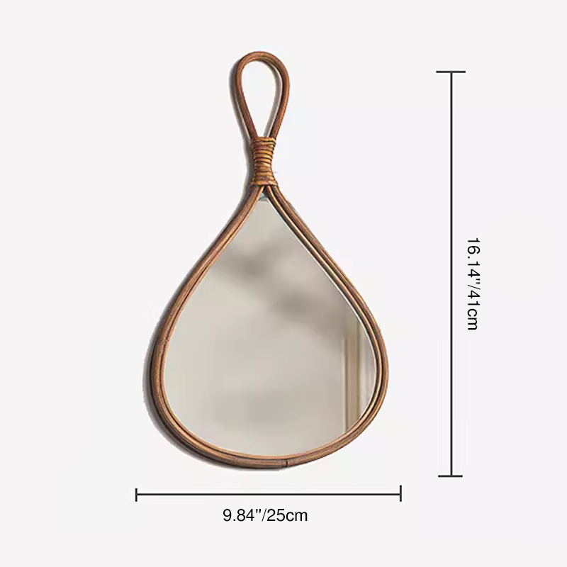Traditional Chinese Round Teardrop-Shaped Natural Rattan Medium Density Fiberboard Glass Wall Mirror Hanging Mirror For Bedroom