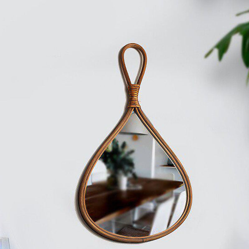 Traditional Chinese Round Teardrop-Shaped Natural Rattan Medium Density Fiberboard Glass Wall Mirror Hanging Mirror For Bedroom