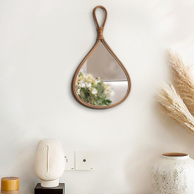 Traditional Chinese Round Teardrop-Shaped Natural Rattan Medium Density Fiberboard Glass Wall Mirror Hanging Mirror For Bedroom