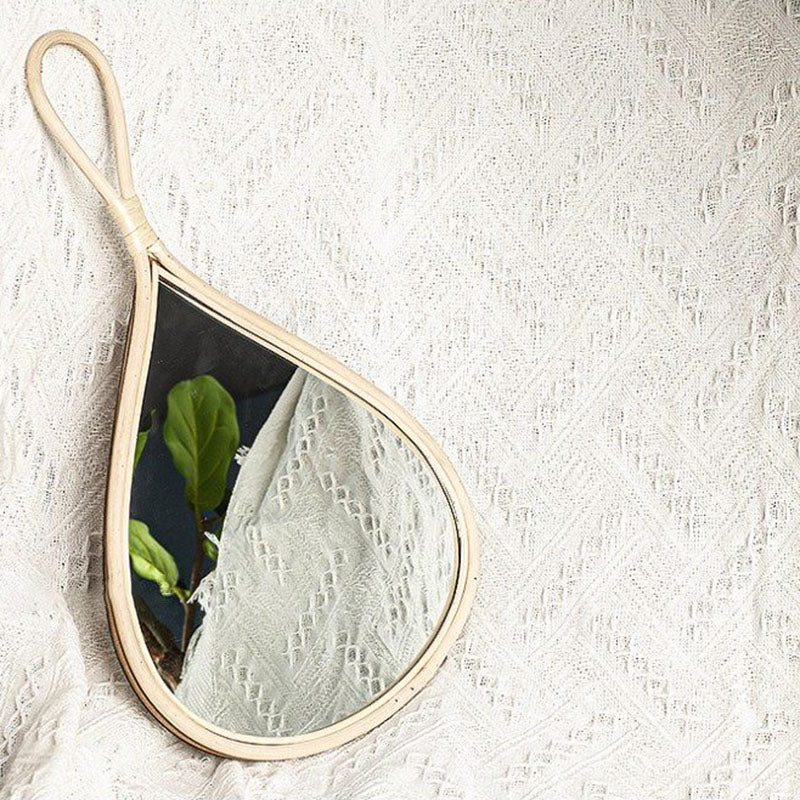 Traditional Chinese Round Teardrop-Shaped Natural Rattan Medium Density Fiberboard Glass Wall Mirror Hanging Mirror For Bedroom