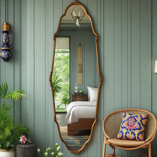 Traditional Vintage Oval HD Silver Mirror Medium-Density Fiberboard Carved Full-Length Wall Mirror For Living Room