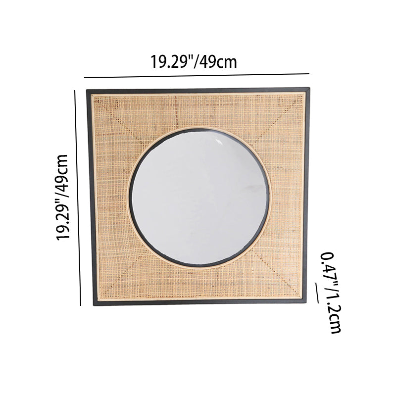 Square Iron & Natural Rattan Wall Mirror - Nordic Interiors Artistic Decorative Mirror For Living Room