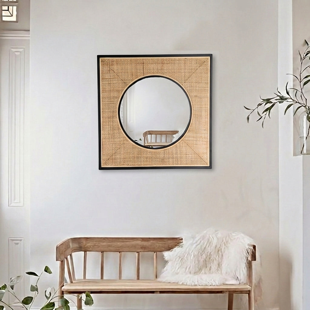 Square Iron & Natural Rattan Wall Mirror - Nordic Interiors Artistic Decorative Mirror For Living Room