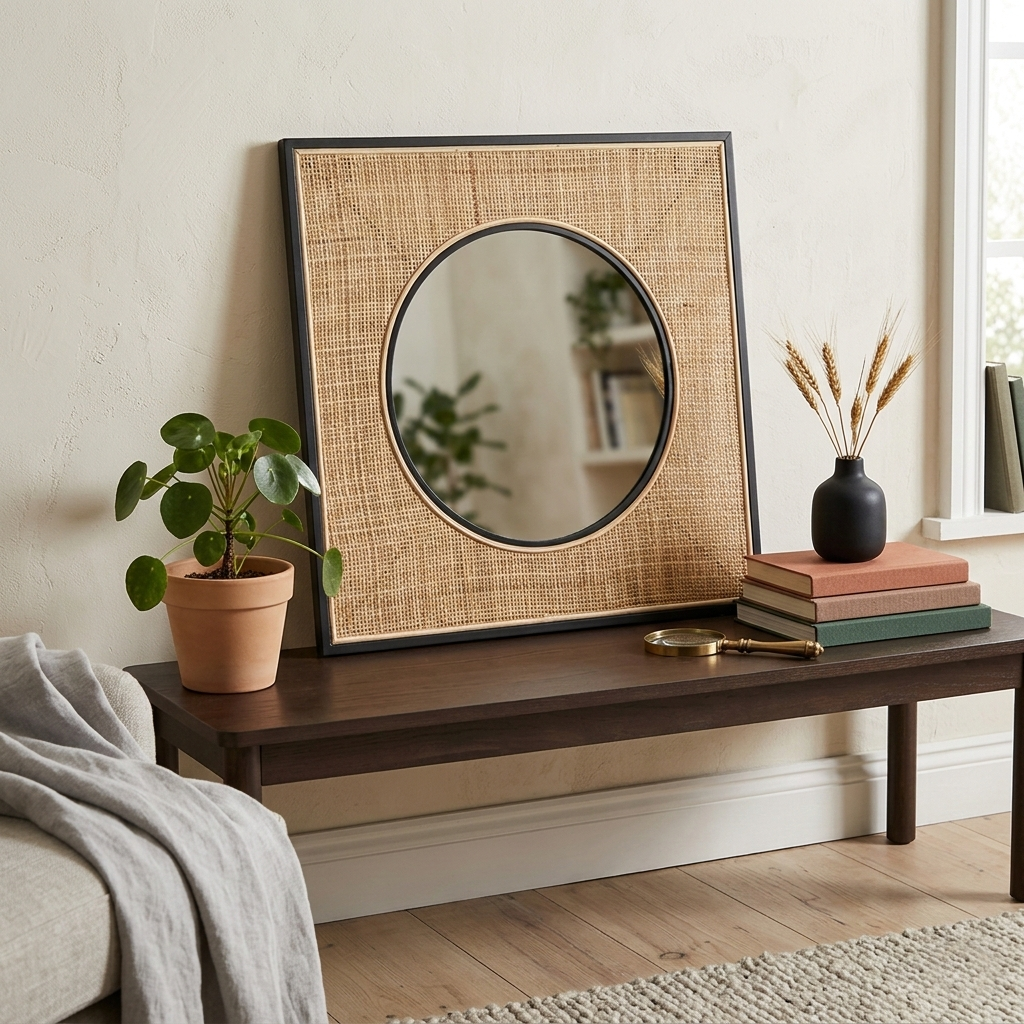 Square Iron & Natural Rattan Wall Mirror - Nordic Interiors Artistic Decorative Mirror For Living Room