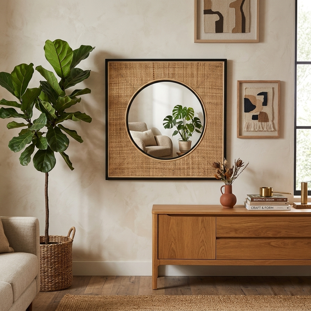 Square Iron & Natural Rattan Wall Mirror - Nordic Interiors Artistic Decorative Mirror For Living Room