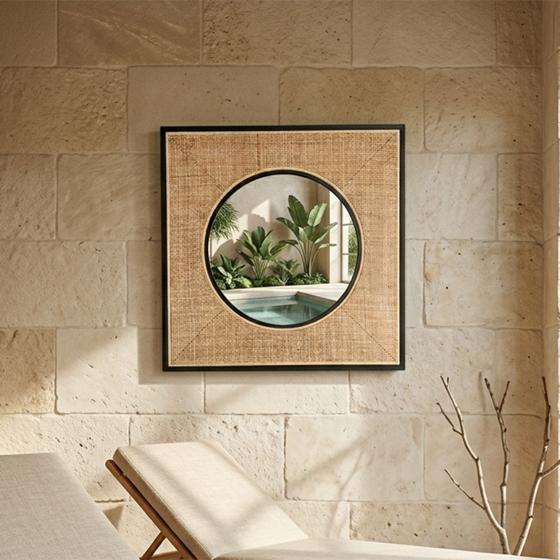 Square Iron & Natural Rattan Wall Mirror - Nordic Interiors Artistic Decorative Mirror For Living Room