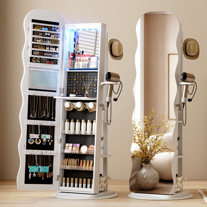 Modern Minimalist MDF Glass Round Wave-Shaped Full-Length Floor Mirror LED Lighting & Hidden Storage For Bedroom & Living Room