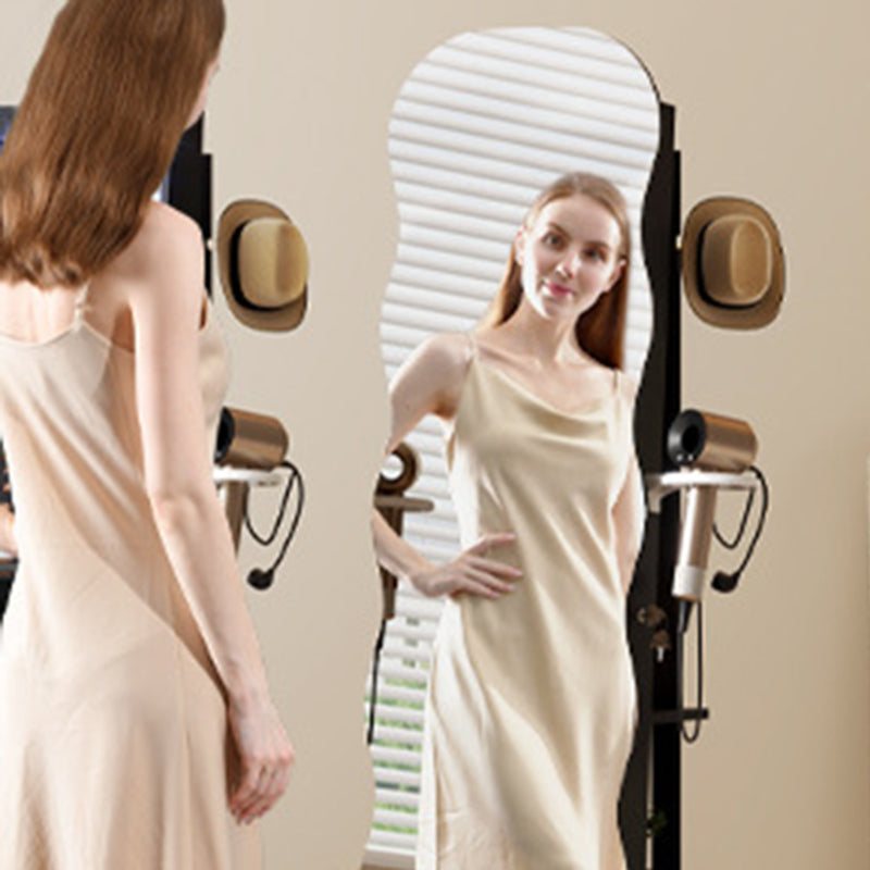 Modern Minimalist MDF Glass Round Wave-Shaped Full-Length Floor Mirror LED Lighting & Hidden Storage For Bedroom & Living Room