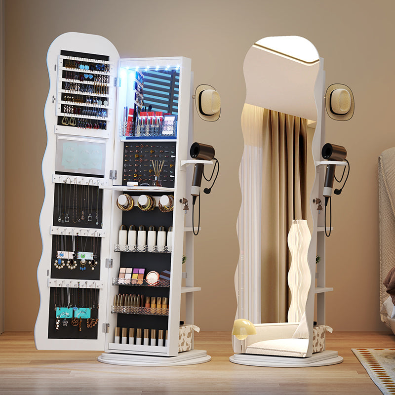 Modern Minimalist MDF Glass Round Wave-Shaped Full-Length Floor Mirror LED Lighting & Hidden Storage For Bedroom & Living Room