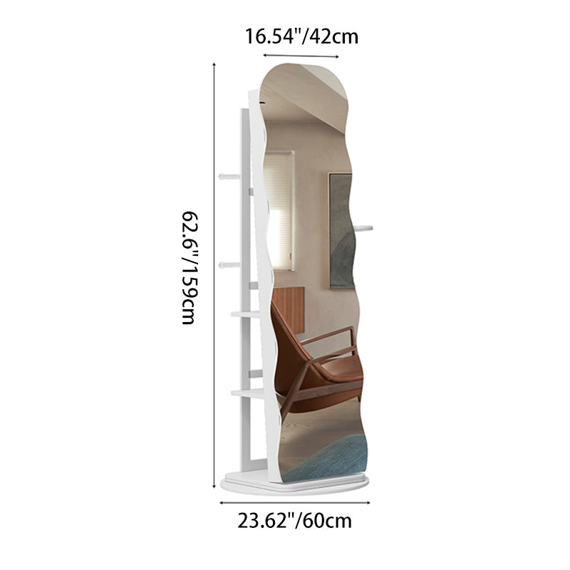 Modern Minimalist MDF Glass Round Wave-Shaped Full-Length Floor Mirror LED Lighting & Hidden Storage For Bedroom & Living Room