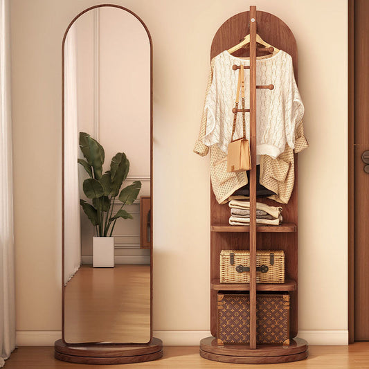 Modern Minimalist MDF Round Oval Swivel Full-Length Floor Mirror 3-Tier Storage & Clothes Hanger For Bedroom & Living Room