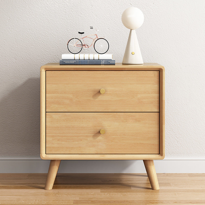 Modern Minimalist Square Rectangular Rubberwood Solid Wood Plywood Nightstand With 2-Drawer For Bedroom