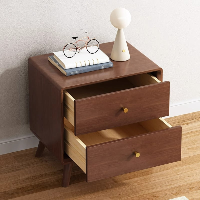 Modern Minimalist Square Rectangular Rubberwood Solid Wood Plywood Nightstand With 2-Drawer For Bedroom