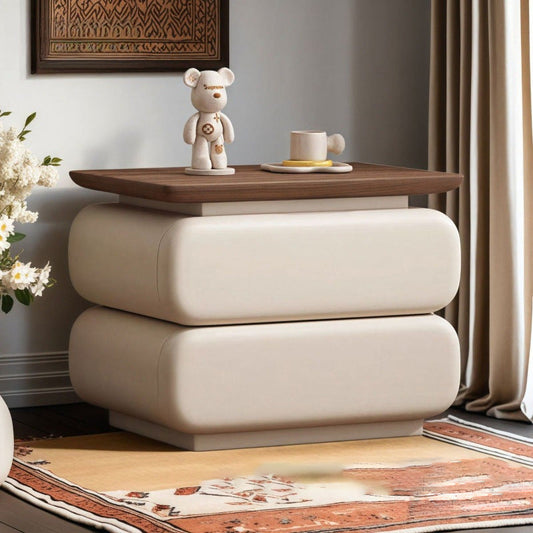 Modern Minimalist Rectangular Solid Wood Cat Claw Leather Nightstand 2-Drawer For Bedroom