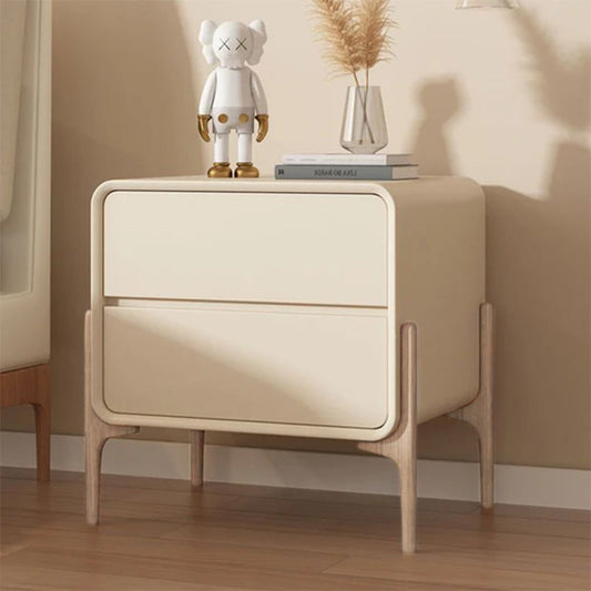 Modern Minimalist Rectangular Solid Wood & Plywood Faux Leather Nightstand 2-Drawer For Bedroom