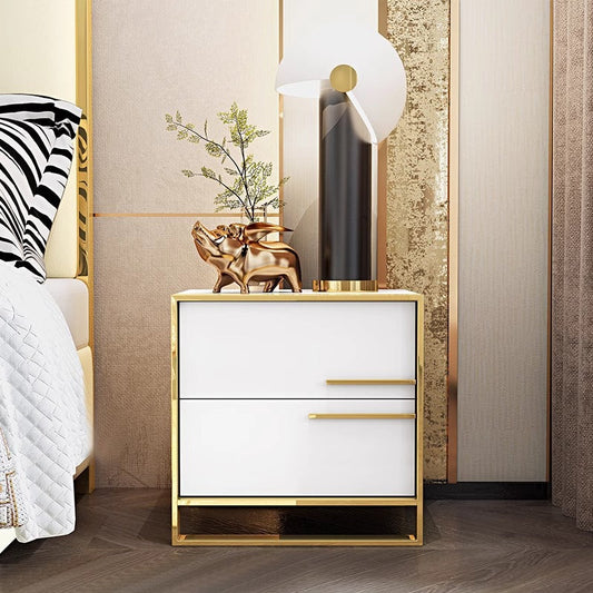 Contemporary Luxury Rectangular MDF Stainless Steel Pine Wood Nightstand 2-Drawer For Bedroom