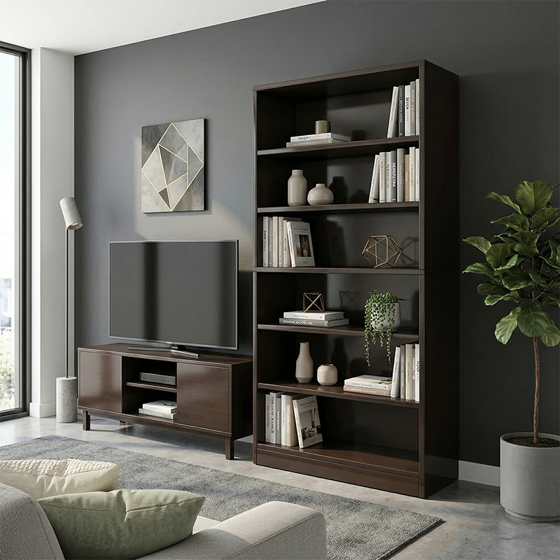 Modern Minimalist Rectangular Solid Wood Eco-Board Bookshelf 6-Tier For Home & Office