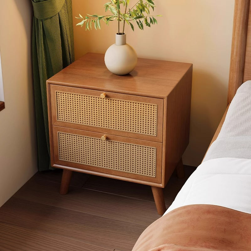 Traditional Chinese Rubberwood & Rattan Rectangular Nightstand With 2-Drawer For Bedroom