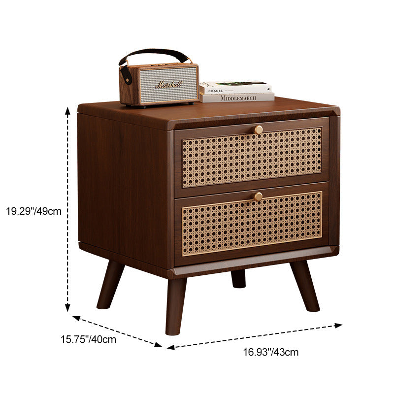 Traditional Chinese Rubberwood & Rattan Rectangular Nightstand With 2-Drawer For Bedroom
