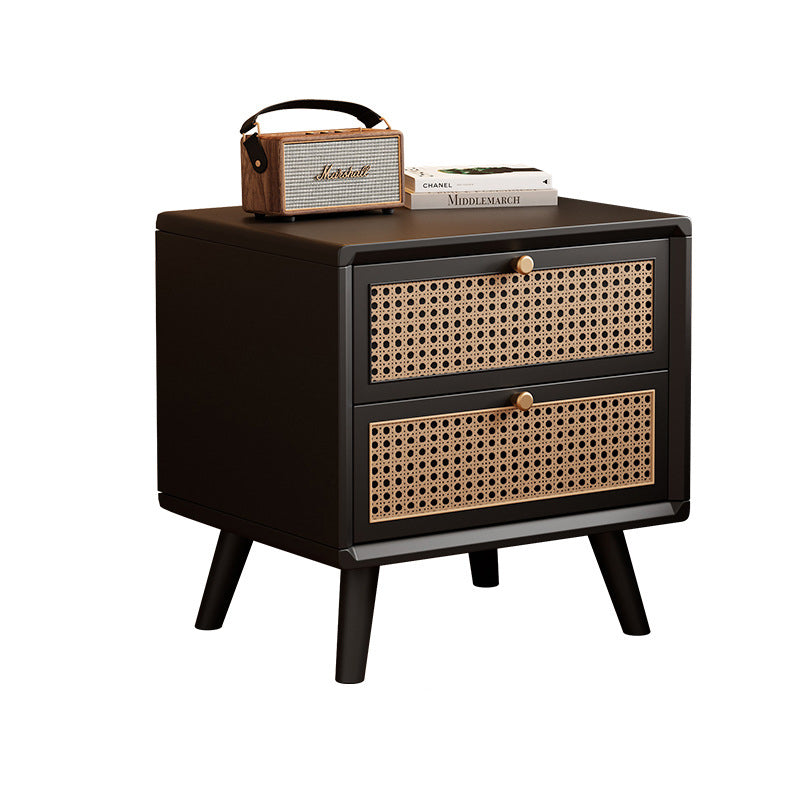 Traditional Chinese Rubberwood & Rattan Rectangular Nightstand With 2-Drawer For Bedroom