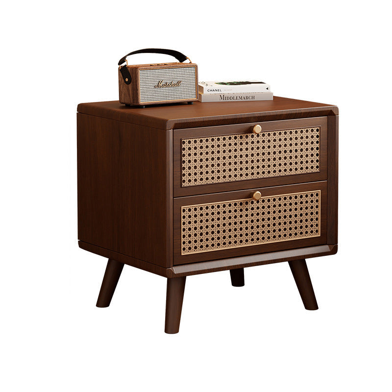 Traditional Chinese Rubberwood & Rattan Rectangular Nightstand With 2-Drawer For Bedroom