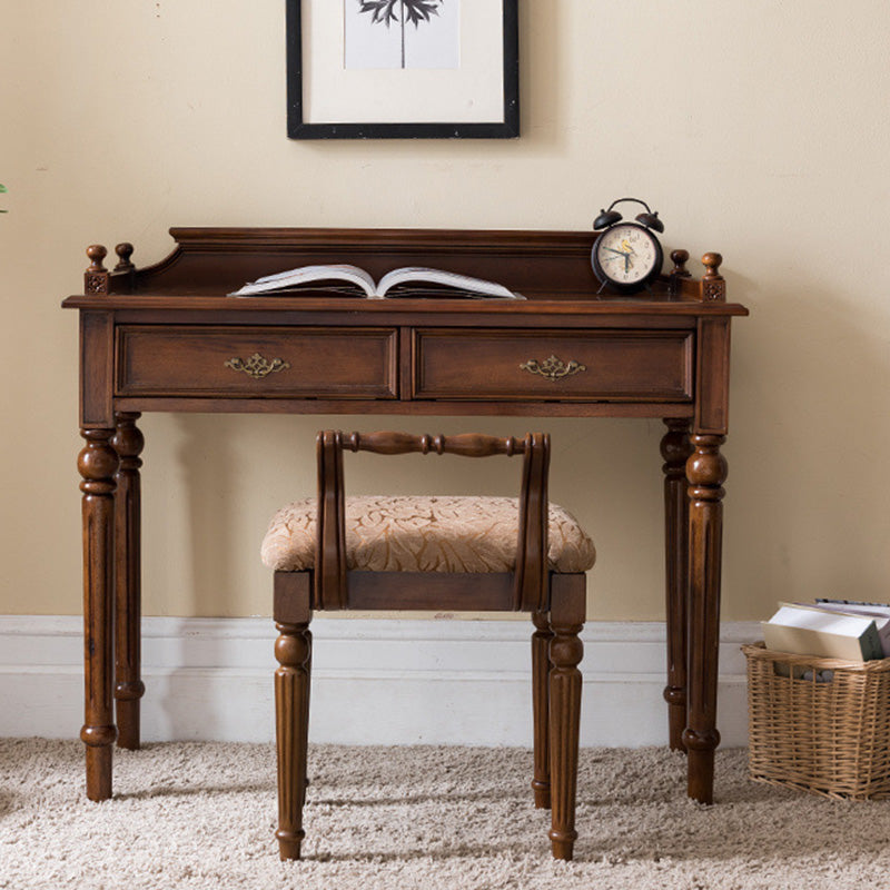 Traditional Vintage Rubberwood Veneered Plywood Metal Rectangle Carved Desk 2-Drawer For Bedroom