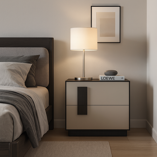 Modern Mid-Century Black & Walnut 2-Drawer Storage Nightstand - Color Blocking Frame Bedside Table For Bedroom