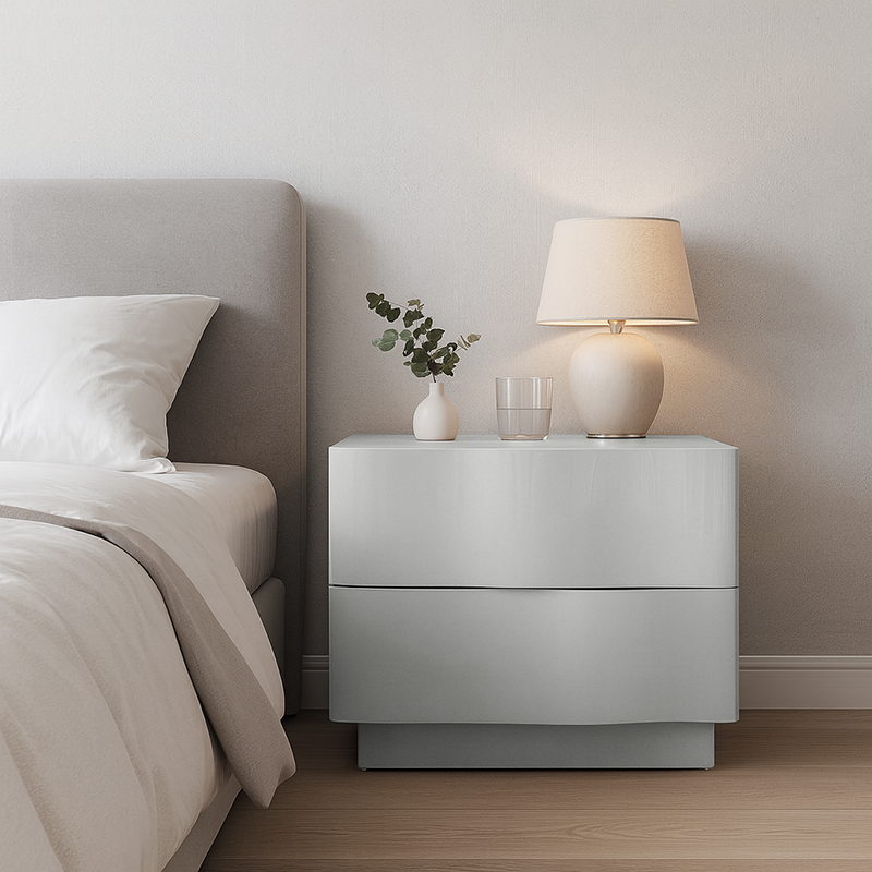 Contemporary Scandinavian Greige 2-Drawer Storage Nightstand - 3D Wave Pattern Drawers Bedside Table For Bedroom