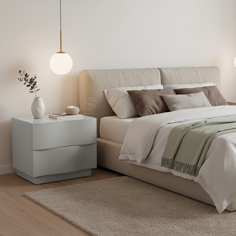 Contemporary Scandinavian Greige 2-Drawer Storage Nightstand - 3D Wave Pattern Drawers Bedside Table For Bedroom