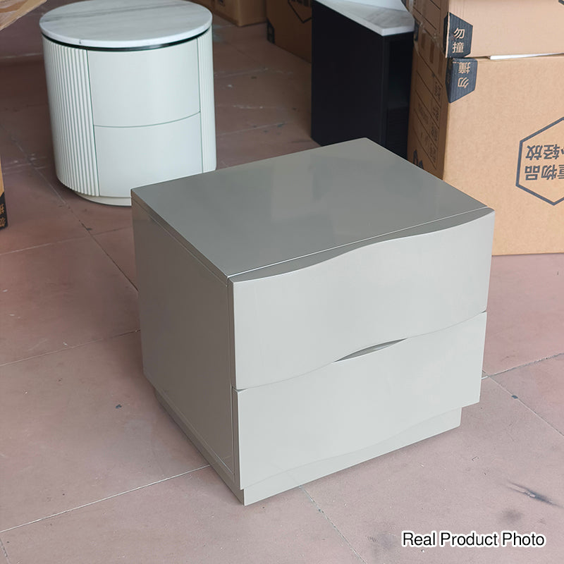 Contemporary Scandinavian Greige 2-Drawer Storage Nightstand - 3D Wave Pattern Drawers Bedside Table For Bedroom