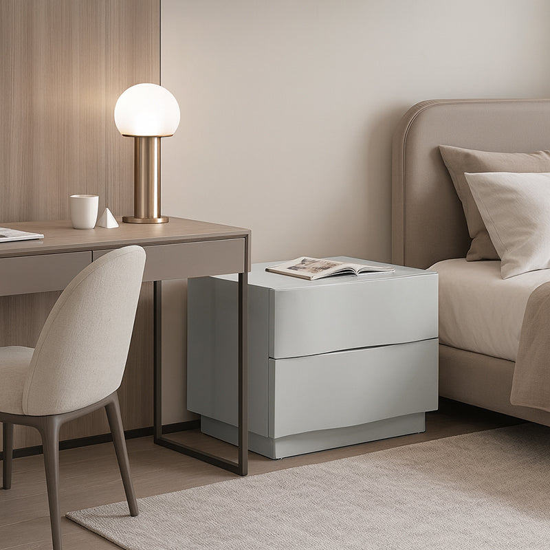 Contemporary Scandinavian Greige 2-Drawer Storage Nightstand - 3D Wave Pattern Drawers Bedside Table For Bedroom