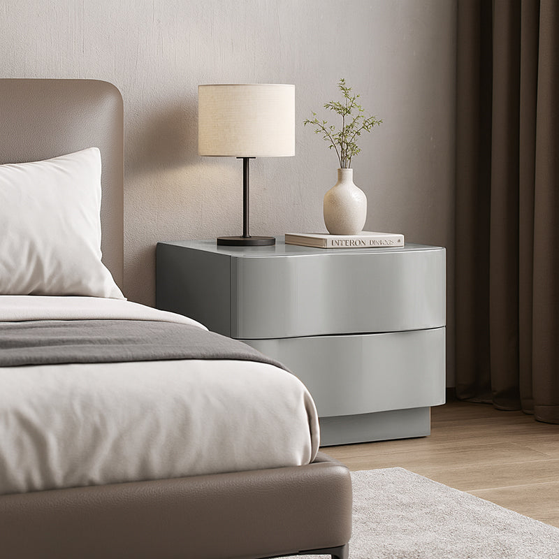 Contemporary Scandinavian Greige 2-Drawer Storage Nightstand - 3D Wave Pattern Drawers Bedside Table For Bedroom