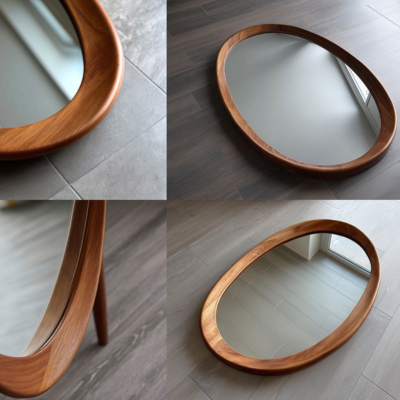 Traditional Vintage Oval Rubberwood Solid Wood Tempered Glass Wall Mirror For Bedroom