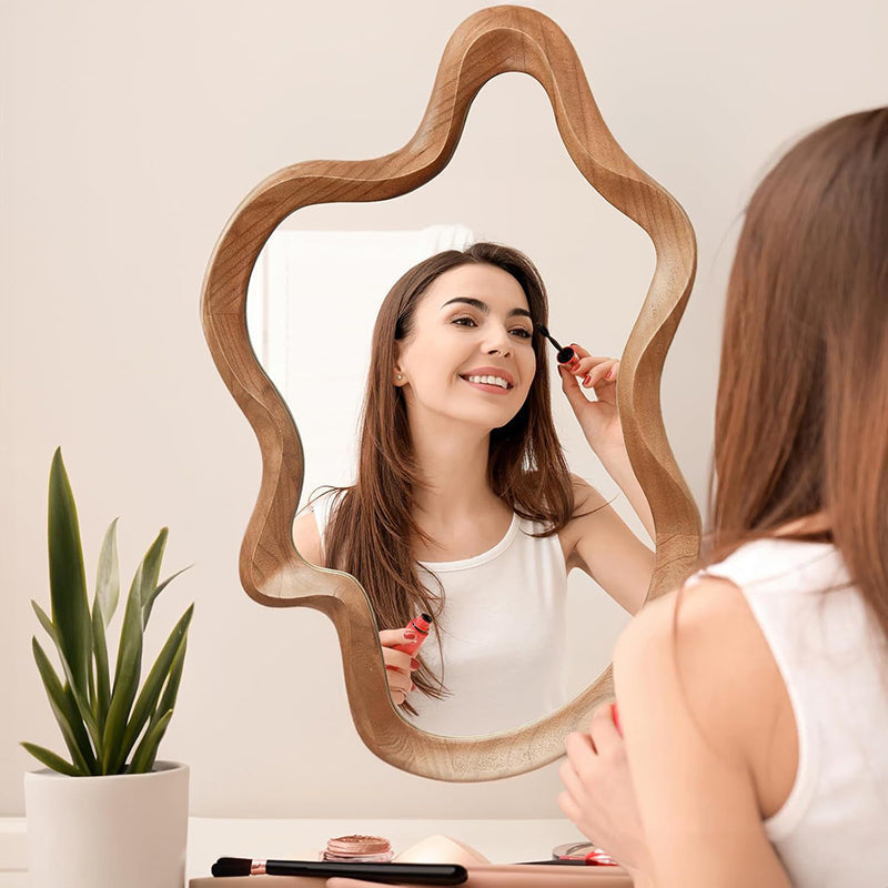 Traditional French Irregular Wavy Rubberwood Tempered Glass Wall Mirror For Bedroom