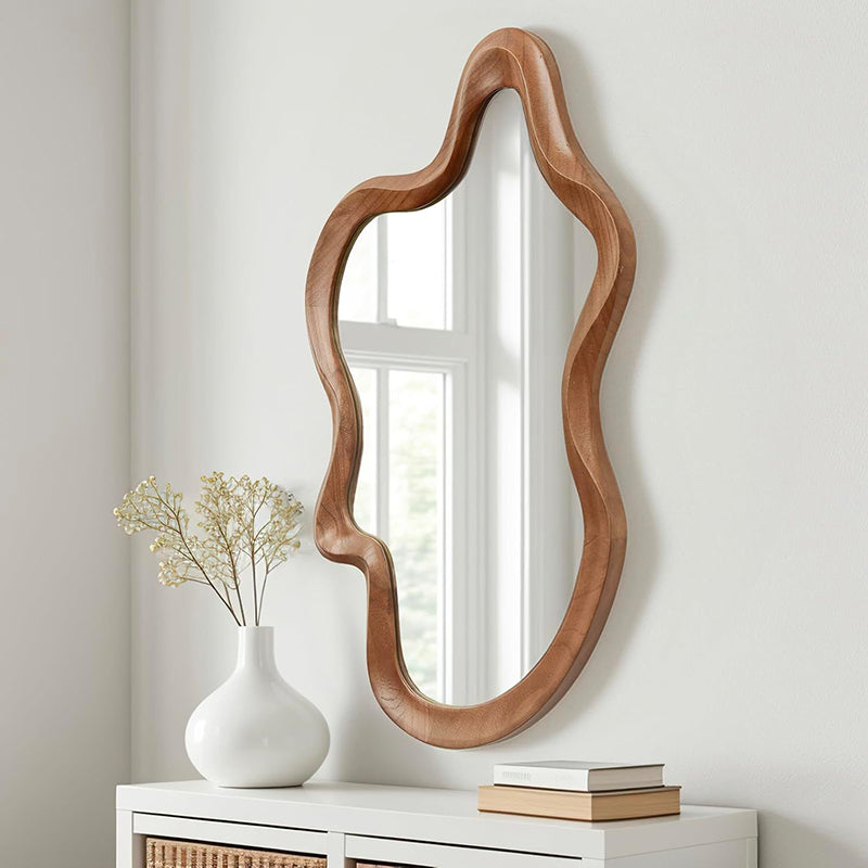 Traditional French Irregular Wavy Rubberwood Tempered Glass Wall Mirror For Bedroom