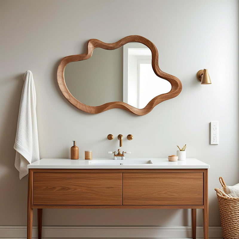 Traditional French Irregular Wavy Rubberwood Tempered Glass Wall Mirror For Bedroom