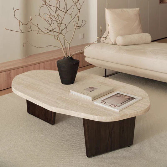 Traditional Japanese Irregular Oval Stone Slab Natural Travertine Wood Coffee Table For Living Room