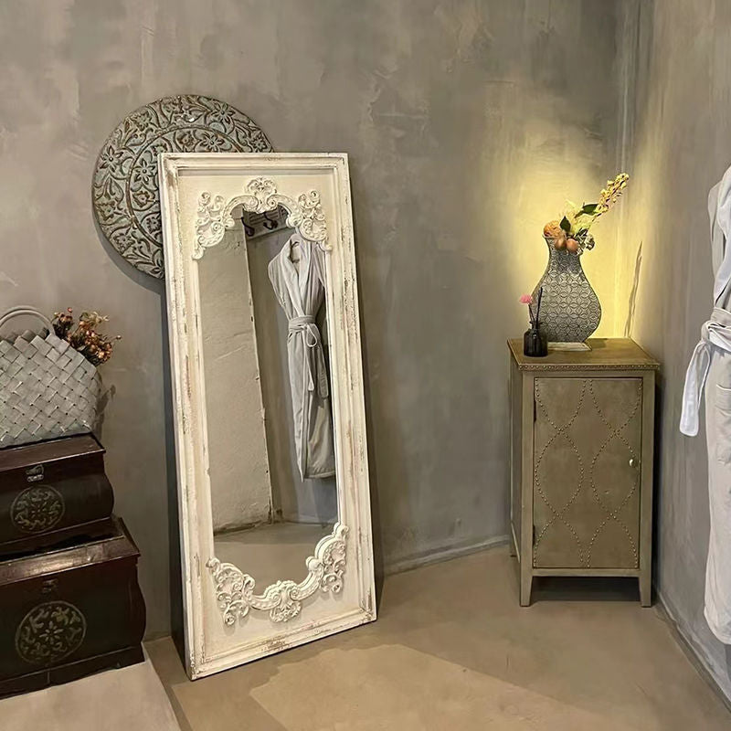 Traditional Vintage Rectangular Wabi-Sabi Fir Wood Glass Accent Full-Length Mirror For Entryways