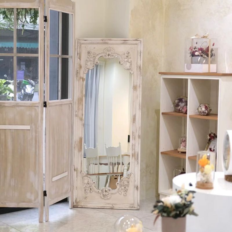 Traditional Vintage Rectangular Wabi-Sabi Fir Wood Glass Accent Full-Length Mirror For Entryways