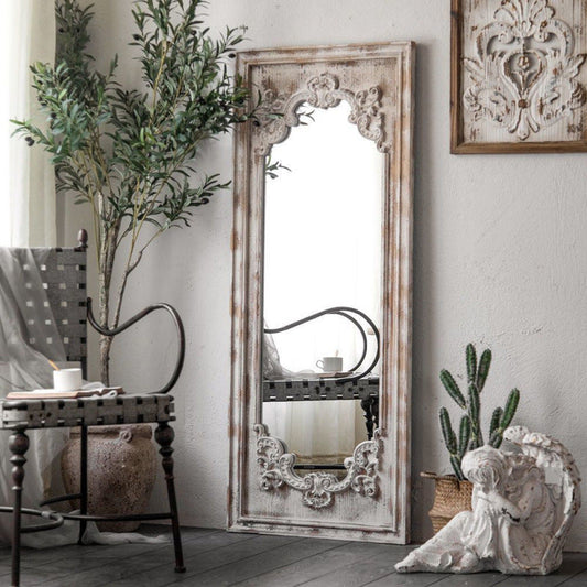 Traditional Vintage Rectangular Wabi-Sabi Fir Wood Glass Accent Full-Length Mirror For Entryways