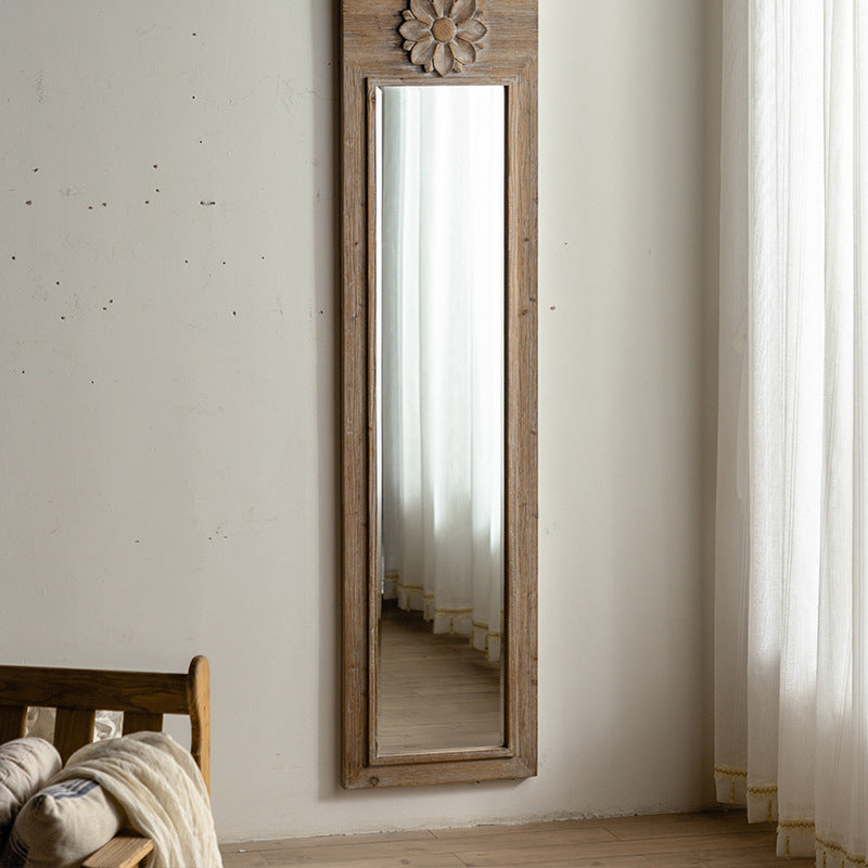 Traditional Vintage Rectangular Distressed Finish Glass Fir Wood Carved Flower Accent Full-Length Mirror For Bedroom